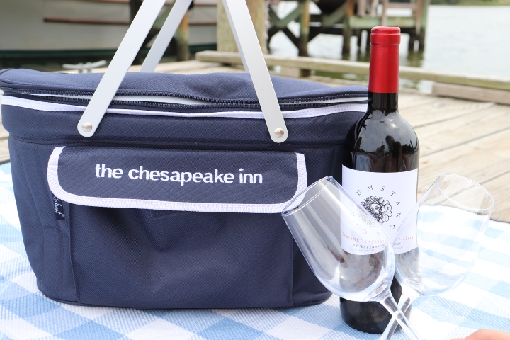 The Chesapeake Inn picnic basket and wine bottle at the marina