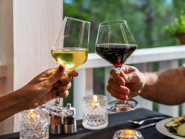 clinking 2 large wine glasses, one with red and one with white wine as if toasting