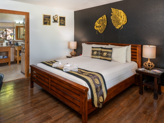 Guest room with king bed and bathroom