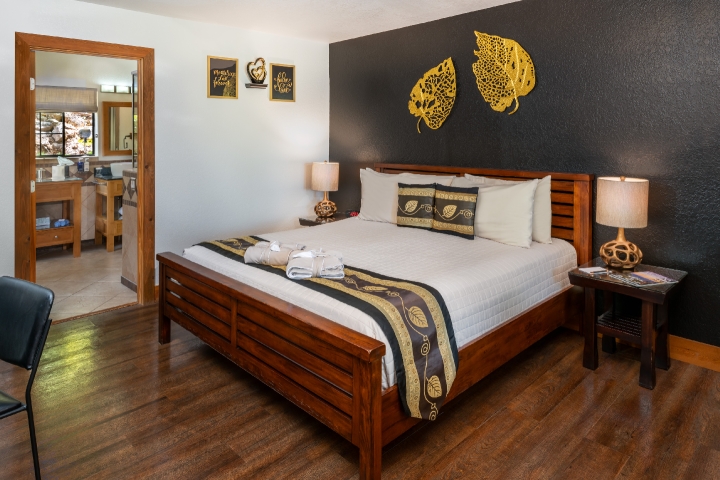 Guest room with king bed and bathroom