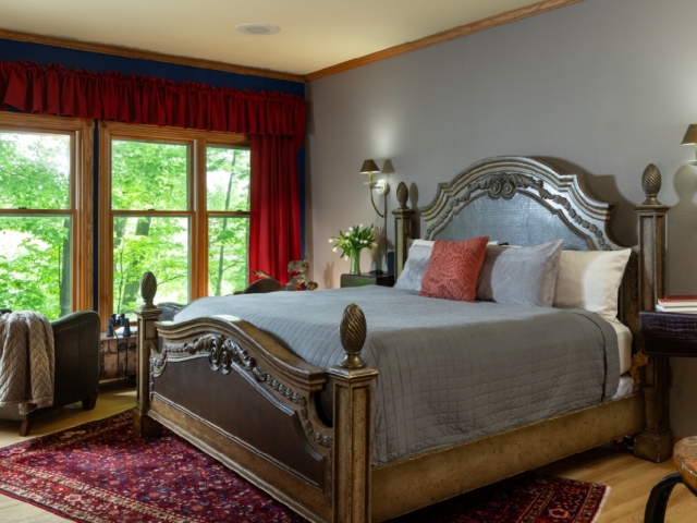 guest room with blue bedding