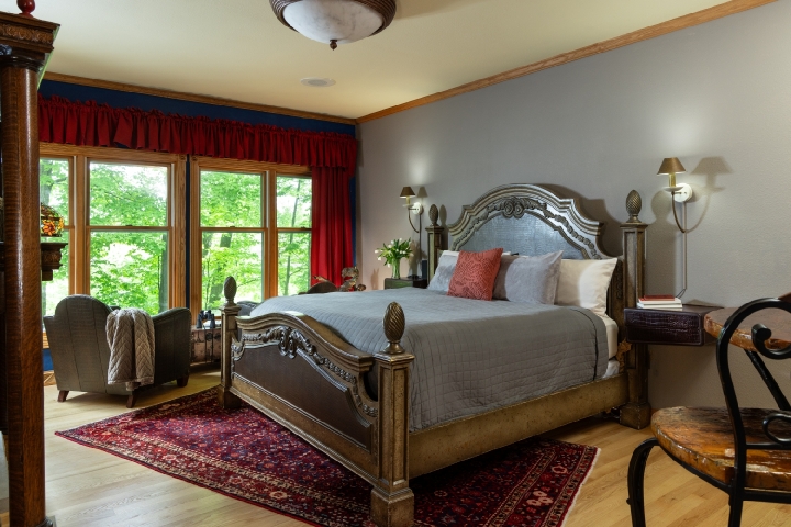 guest room with blue bedding