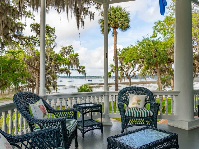 Waterfront views of the Beaufort River from the front porch at Cuthbert House