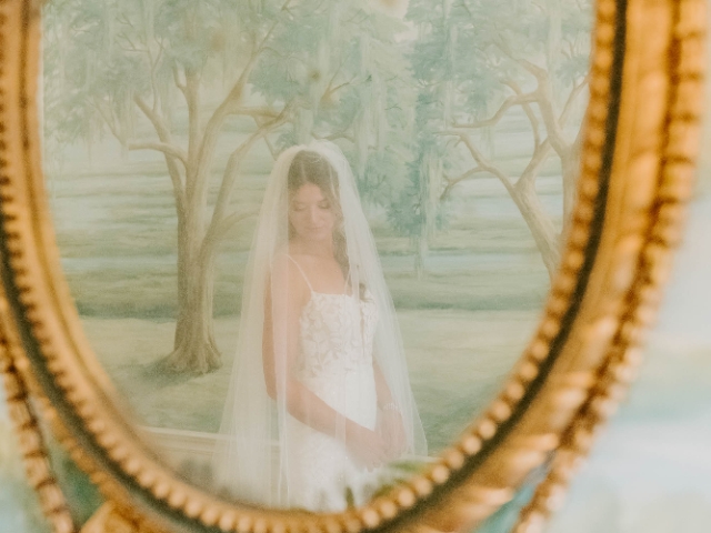 Bride inside Cuthbert House before wedding.