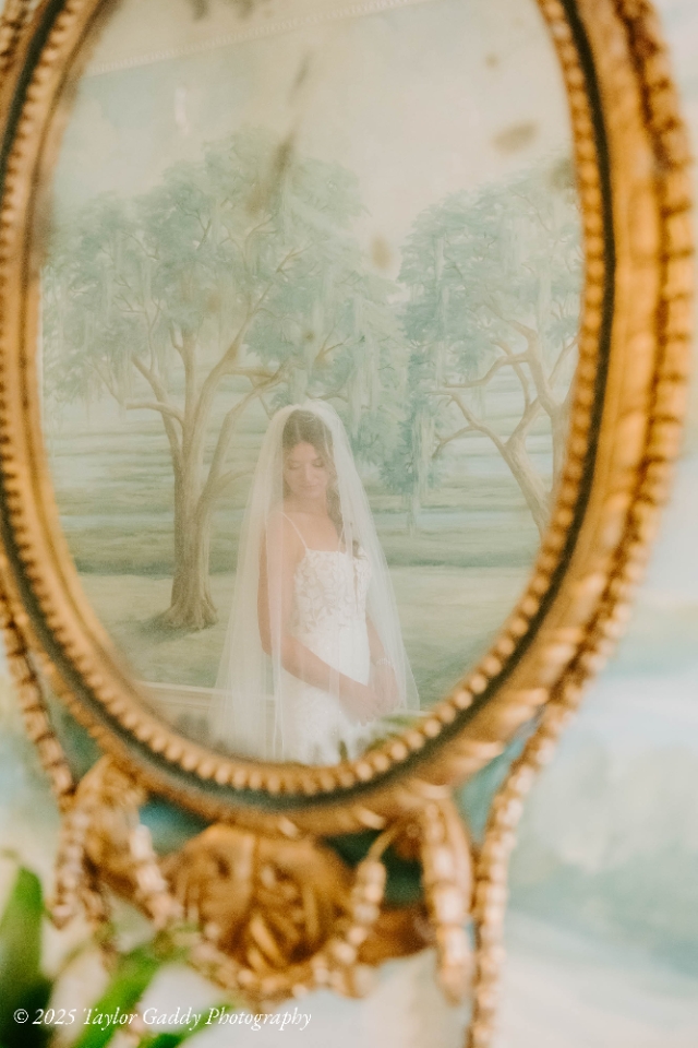 Bride inside Cuthbert House before wedding.