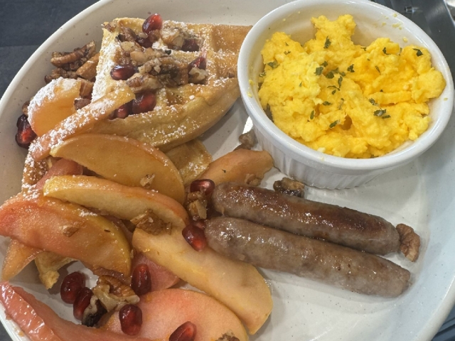 Waffles, sausage and fresh local eggs.