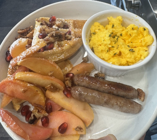 Waffles, sausage and fresh local eggs.