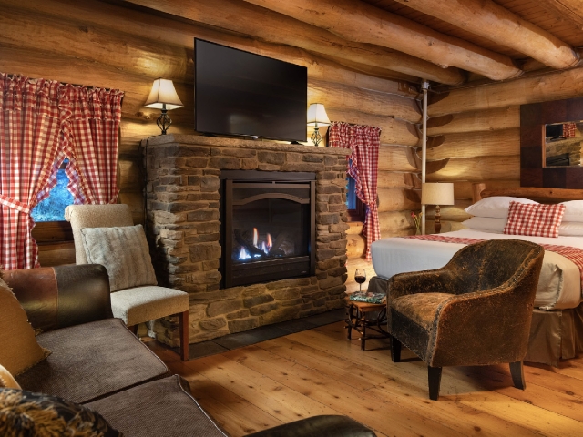 Paul Buyan log cabin living area with fireplace