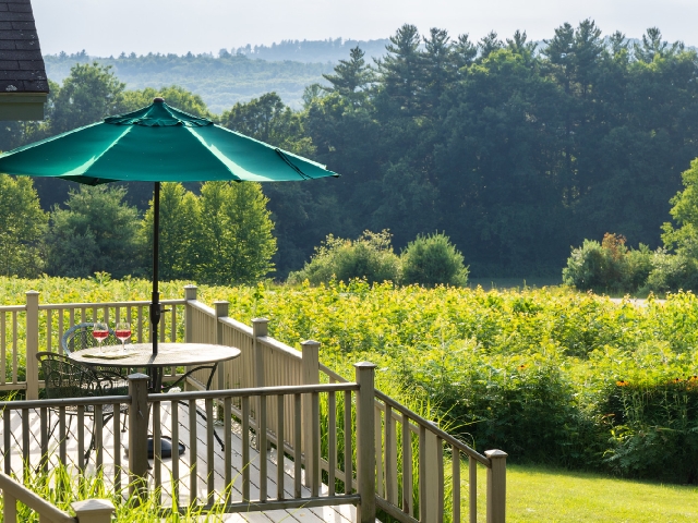 a table with an umbrella on a private deck overlooking a grassy lawn