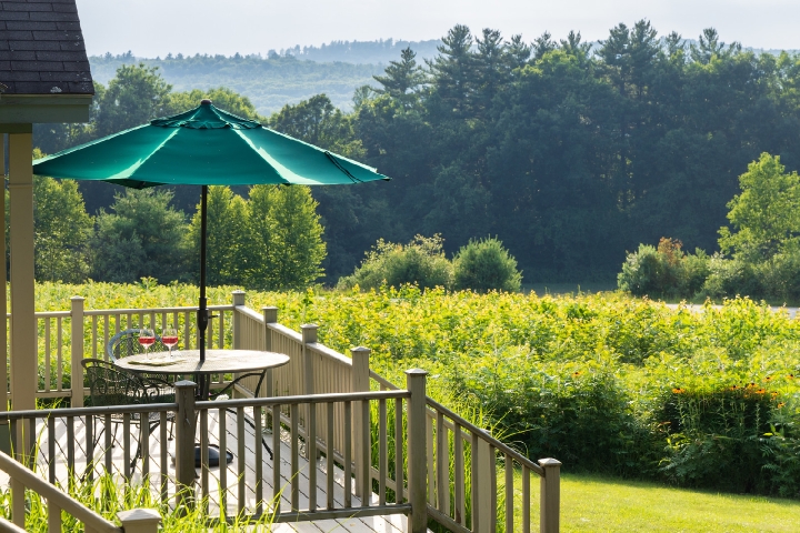 a table with an umbrella on a private deck overlooking a grassy lawn