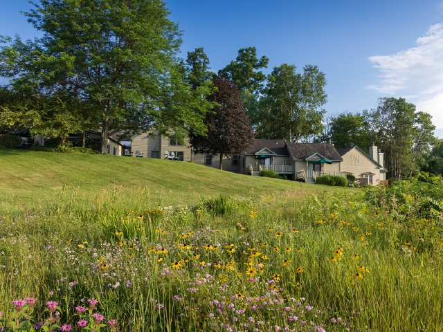 1the exterior of Chesterfield Inn with long grass and wildflowers