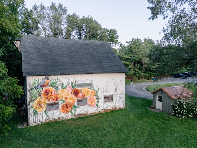 A charming rustic barn with a hand-painted mural stands in the midst of a lush green meadow.