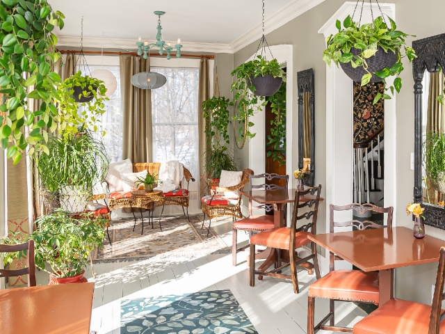 Beautiful, light-filled sunroom with floor-to-ceiling windows on three sides, lush greenery cascading above the tables and chairs, and a peaceful setting where guests gather for breakfast.